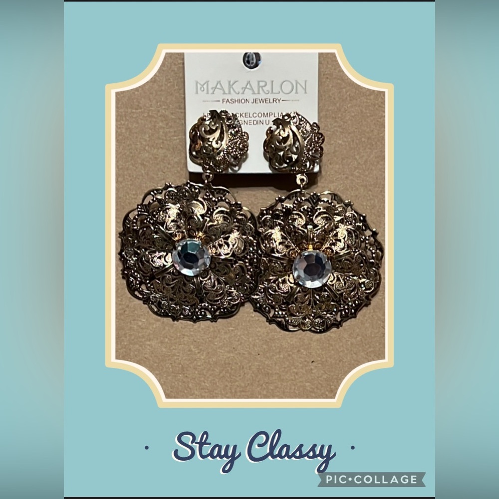 New 3.5” MAKARLON Gold Tons Filigree Statement Earrings with Clear Gemstone